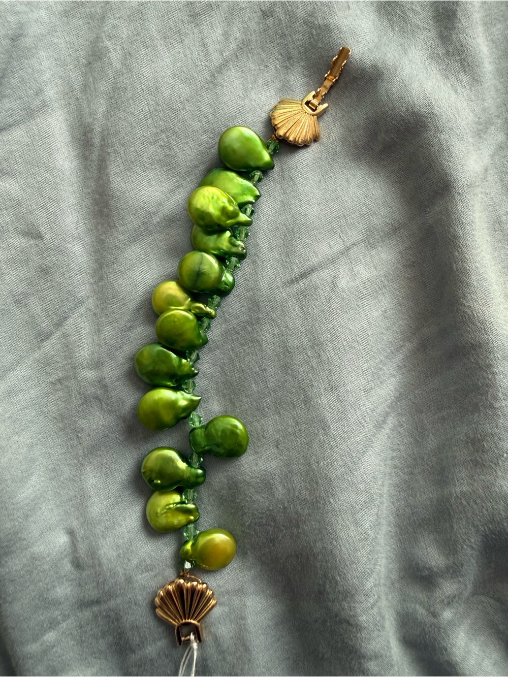 Green Pearl Drop Bracelet with Gold Shell Clasps